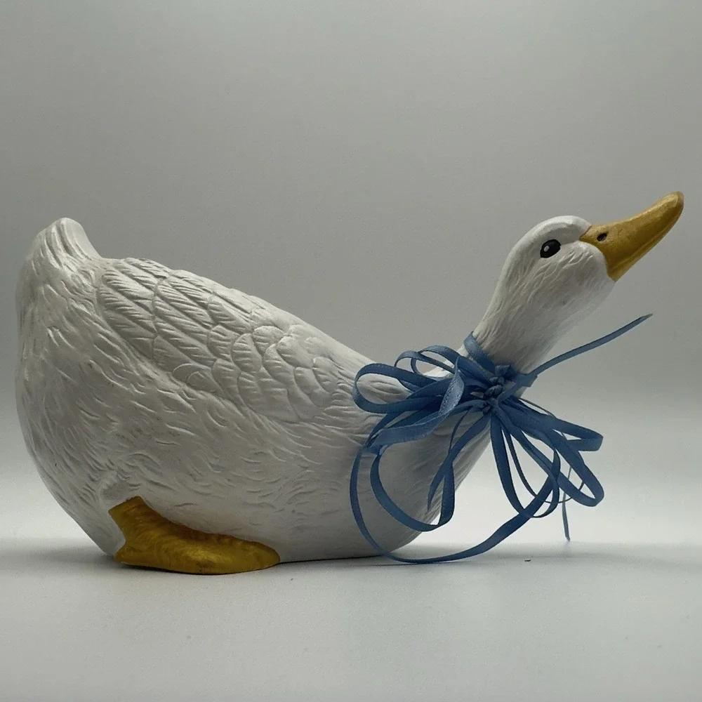 Vintage Ceramic Goose Figurine Blue Ribbon Bow Farmhouse Country Decor 4.5x8